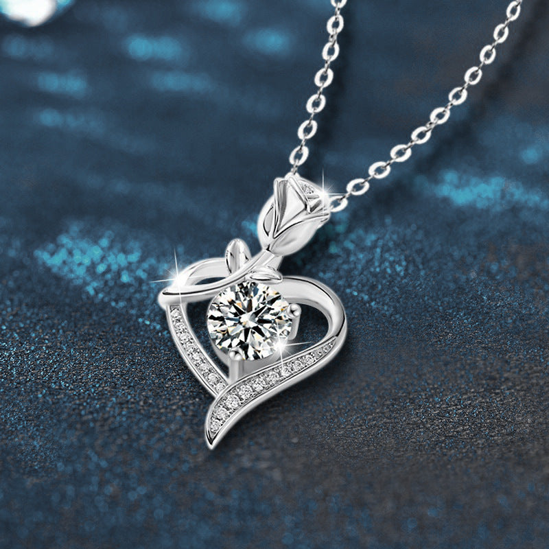 Sterling Silver Heart Rose Moissanite Pendant Necklace