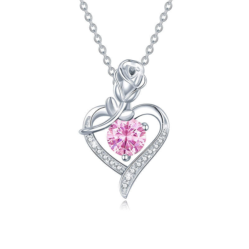 Sterling Silver Heart Rose Moissanite Pendant Necklace
