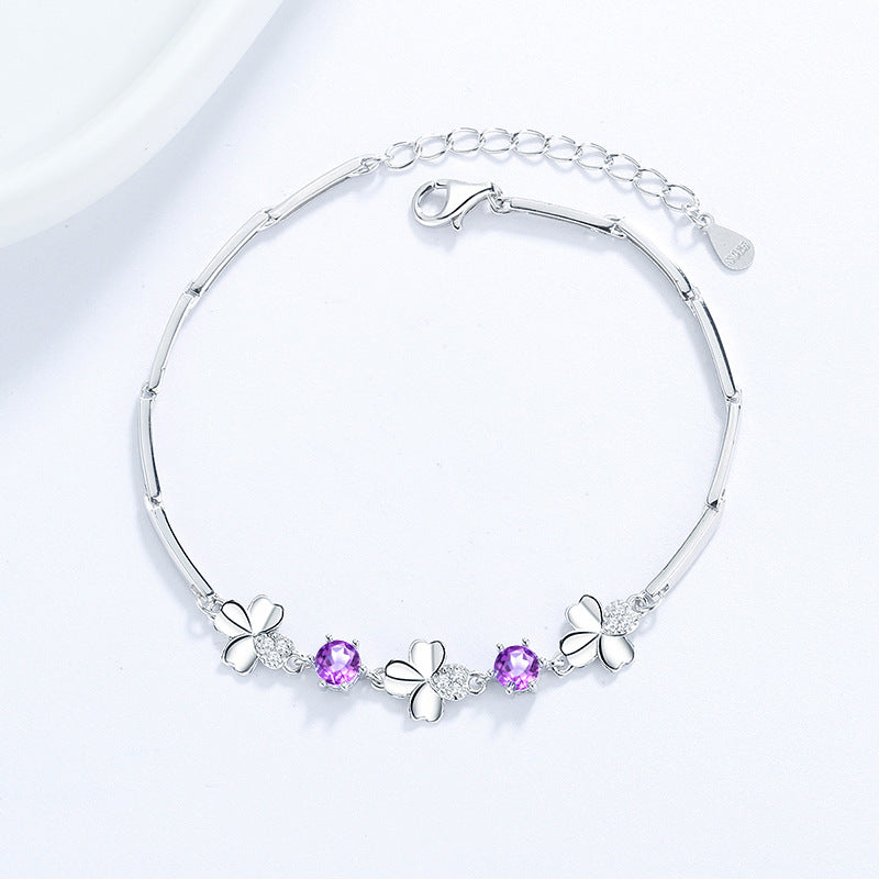 Sterling Silver Clover Bracelet with Zircon