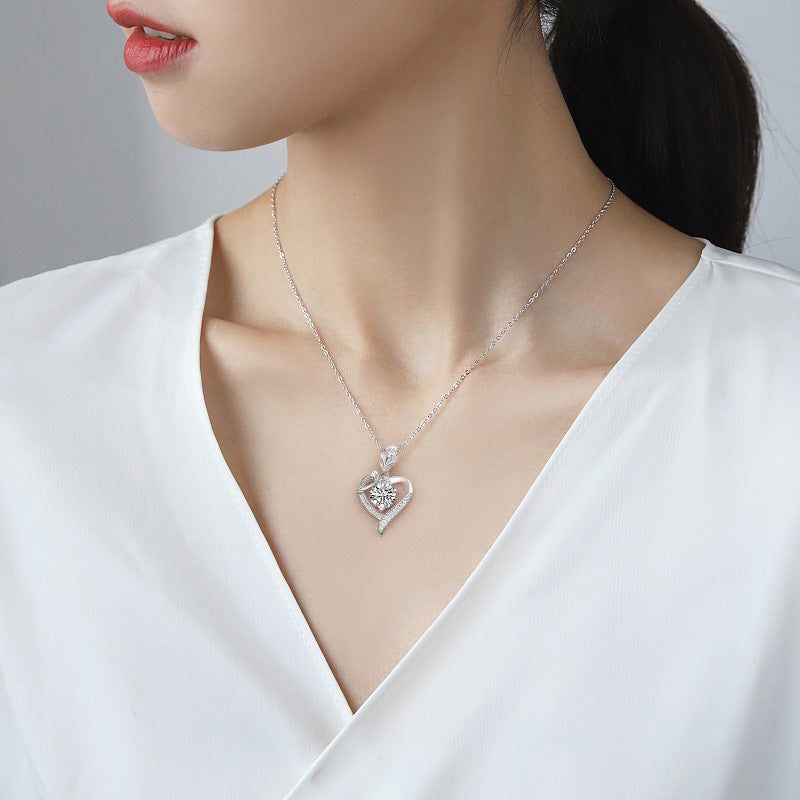 Sterling Silver Heart Rose Moissanite Pendant Necklace