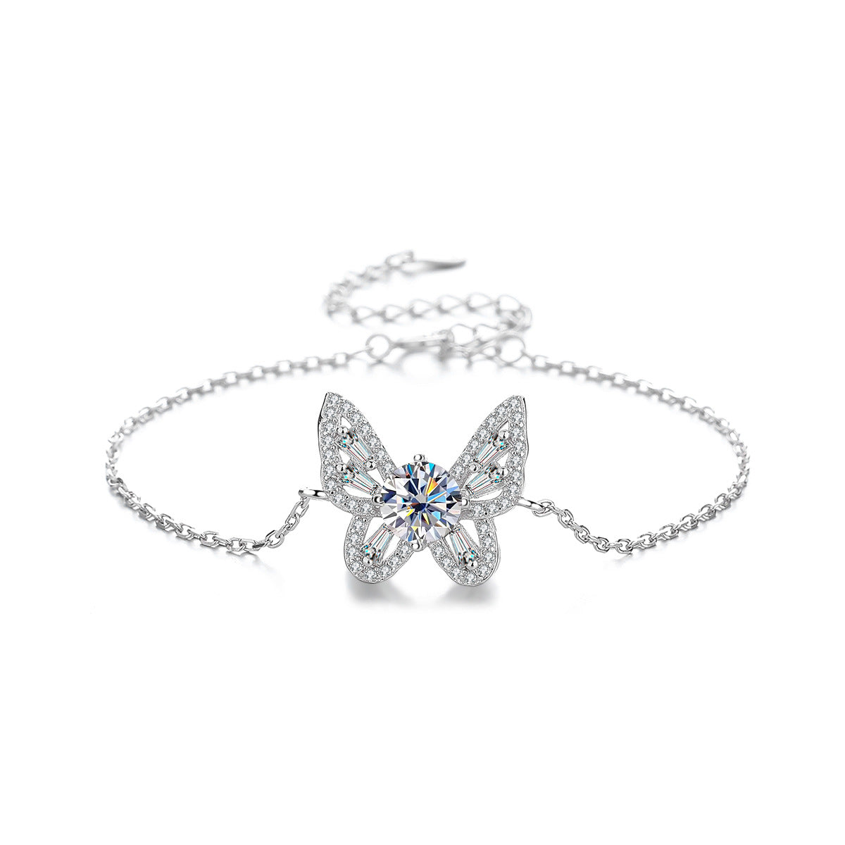 Adjustable Hollow Butterfly Moissanite Sterling Silver Bracelet for Women
