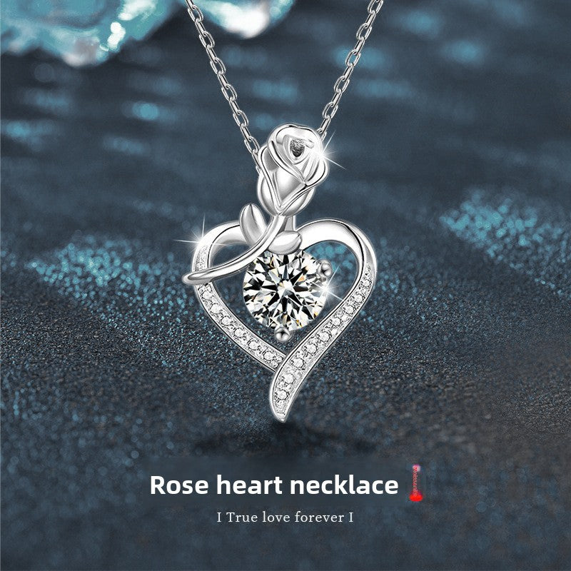 Sterling Silver Heart Rose Moissanite Pendant Necklace