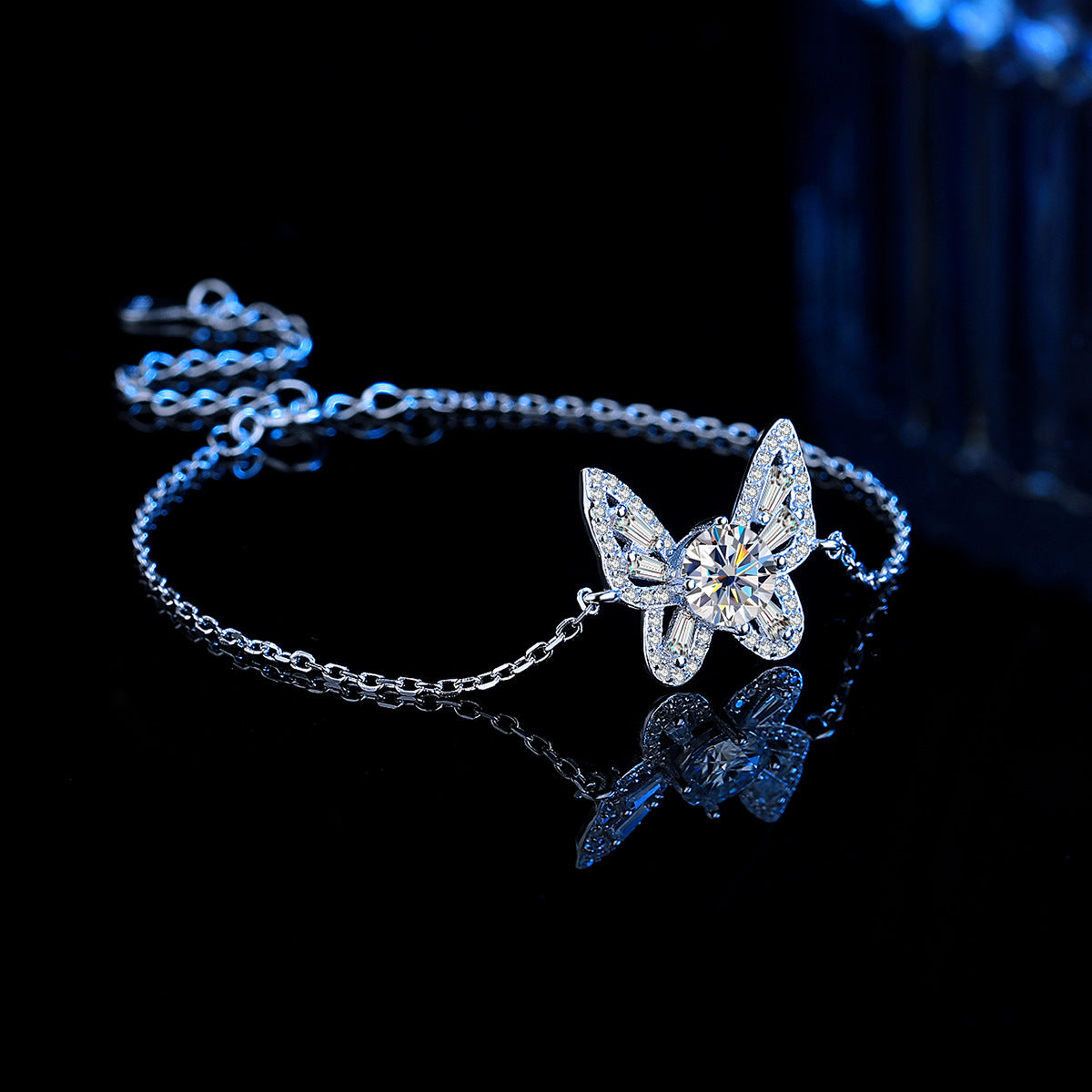 Adjustable Hollow Butterfly Moissanite Sterling Silver Bracelet for Women