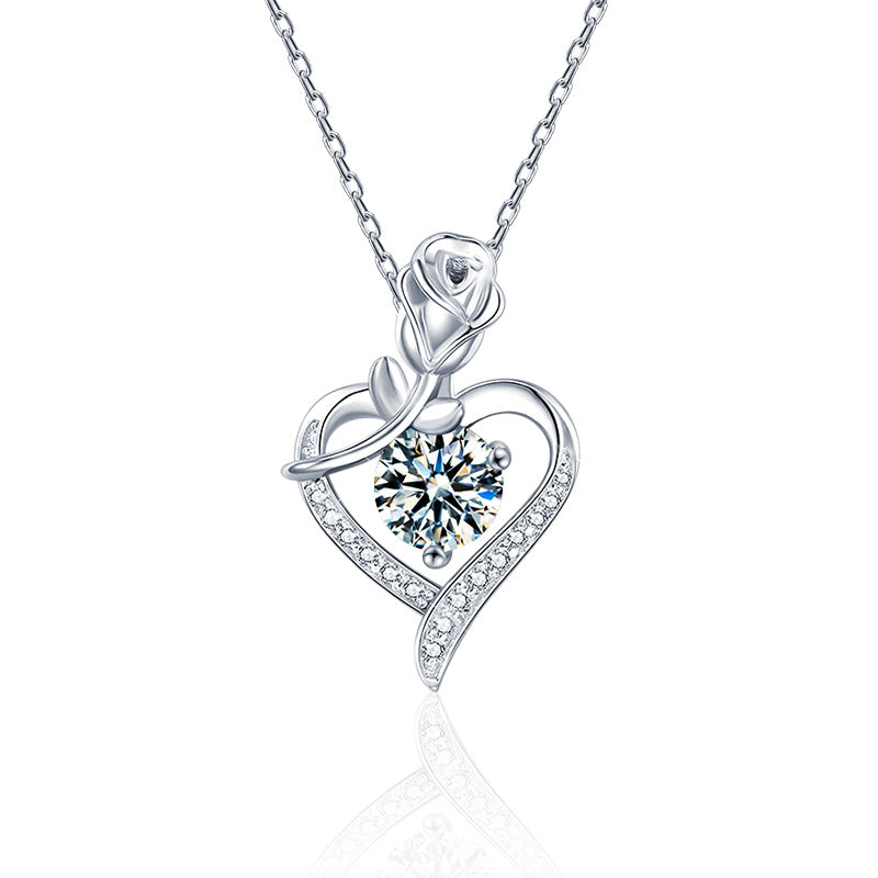Sterling Silver Heart Rose Moissanite Pendant Necklace