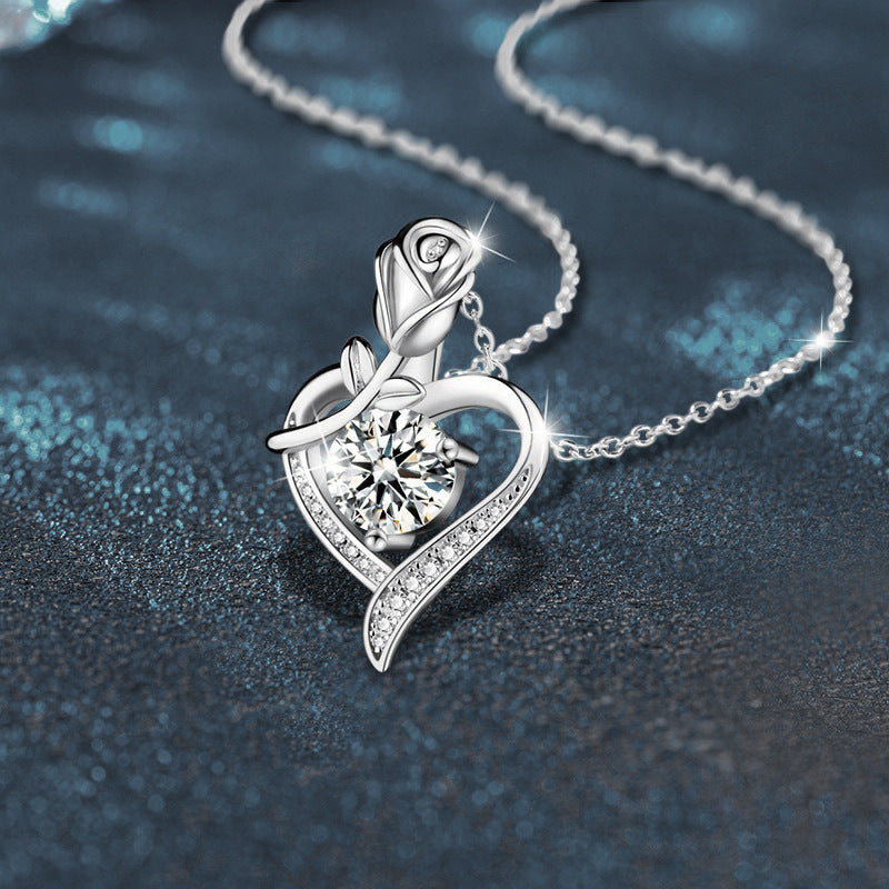 Sterling Silver Heart Rose Moissanite Pendant Necklace