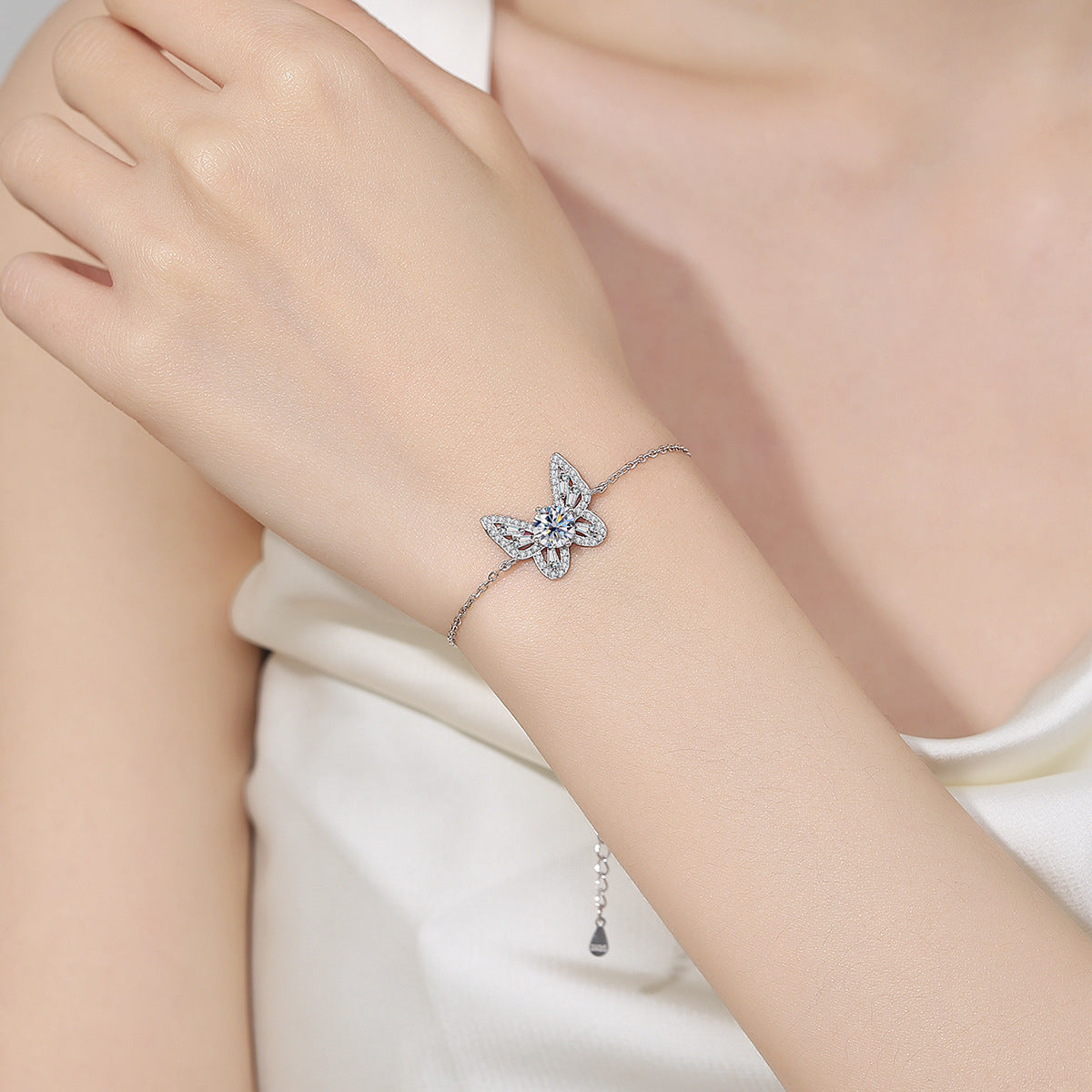Adjustable Hollow Butterfly Moissanite Sterling Silver Bracelet for Women