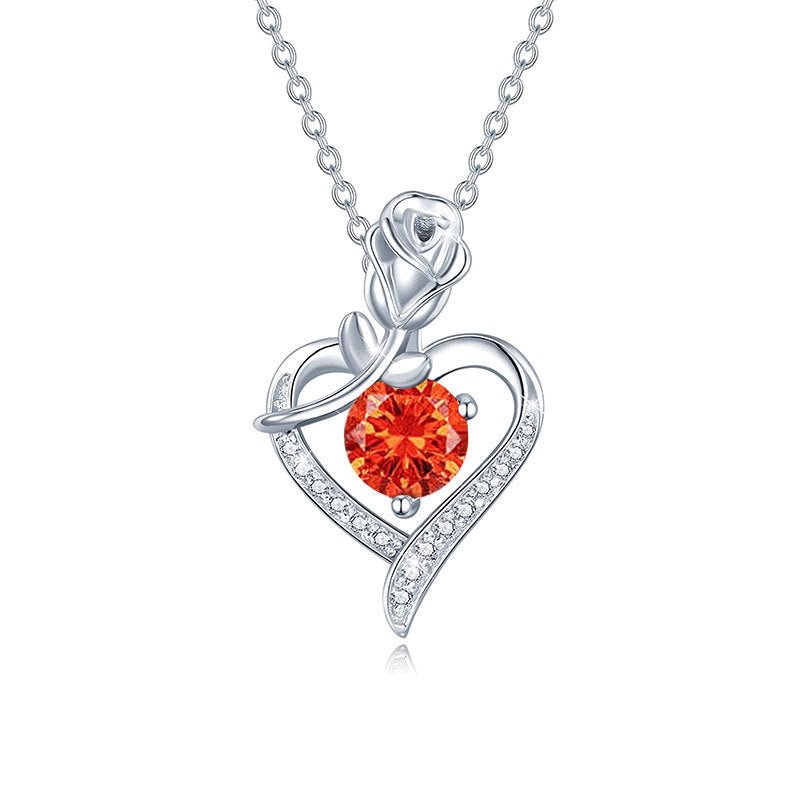 Sterling Silver Heart Rose Moissanite Pendant Necklace