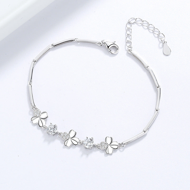 Sterling Silver Clover Bracelet with Zircon