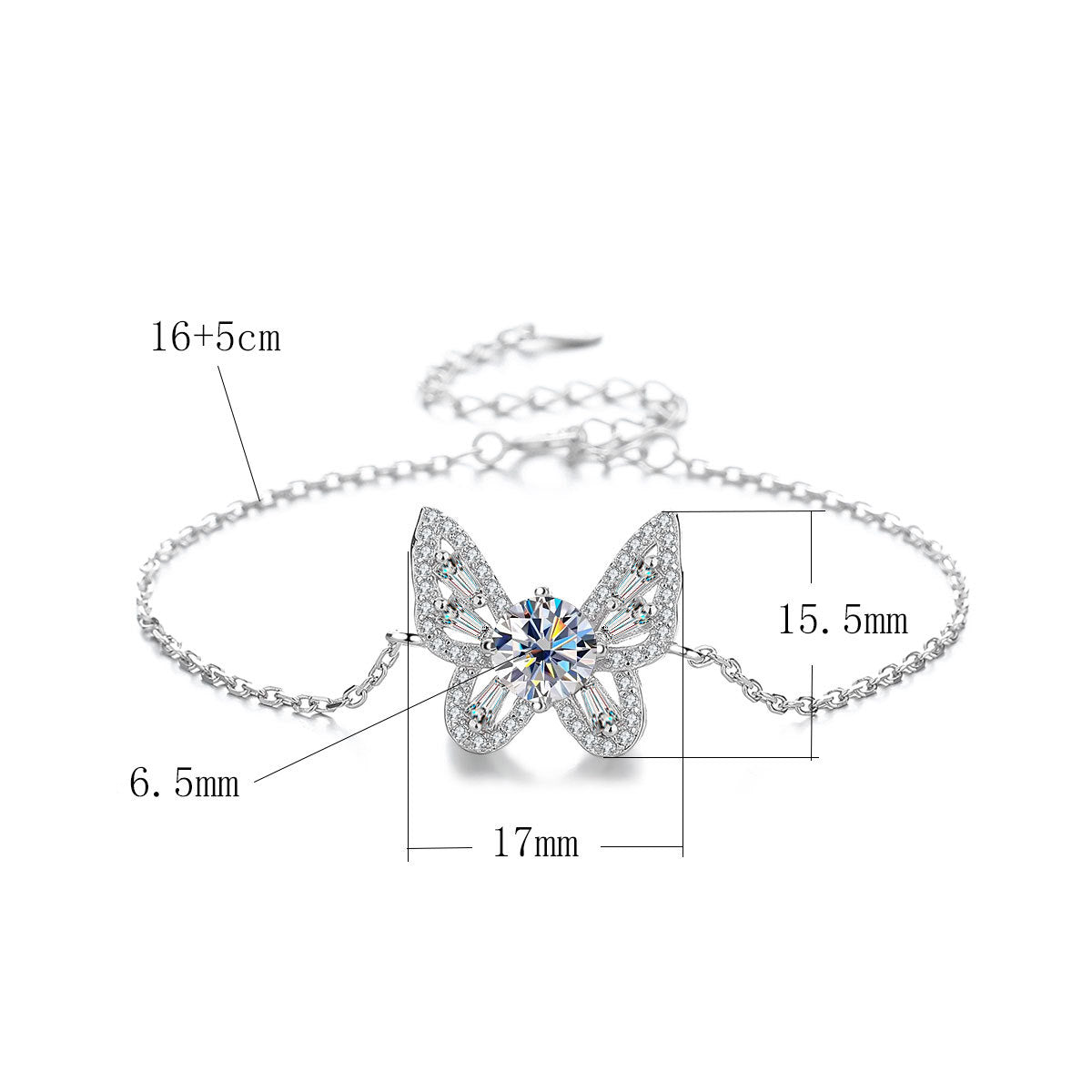 Adjustable Hollow Butterfly Moissanite Sterling Silver Bracelet for Women